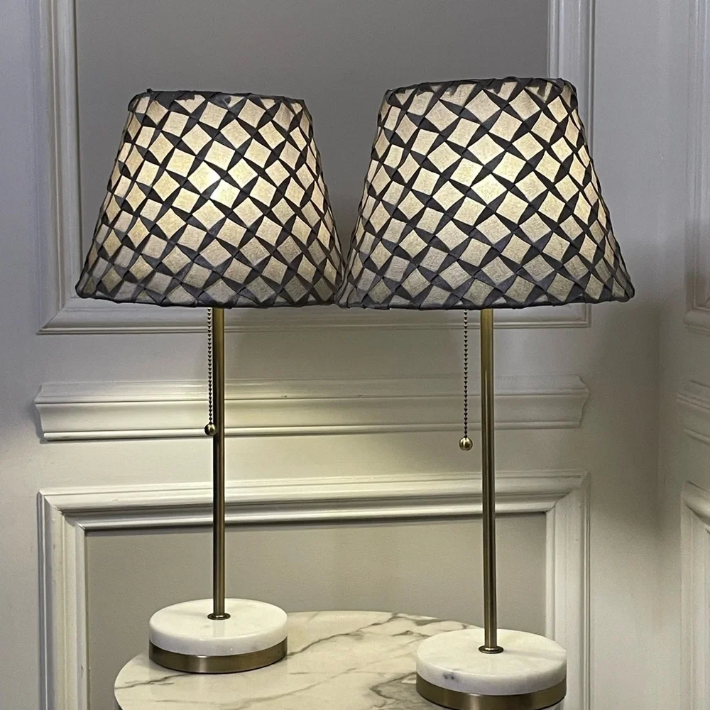 Pair of Marble Base Table Lamps with Patterned Gray Shades